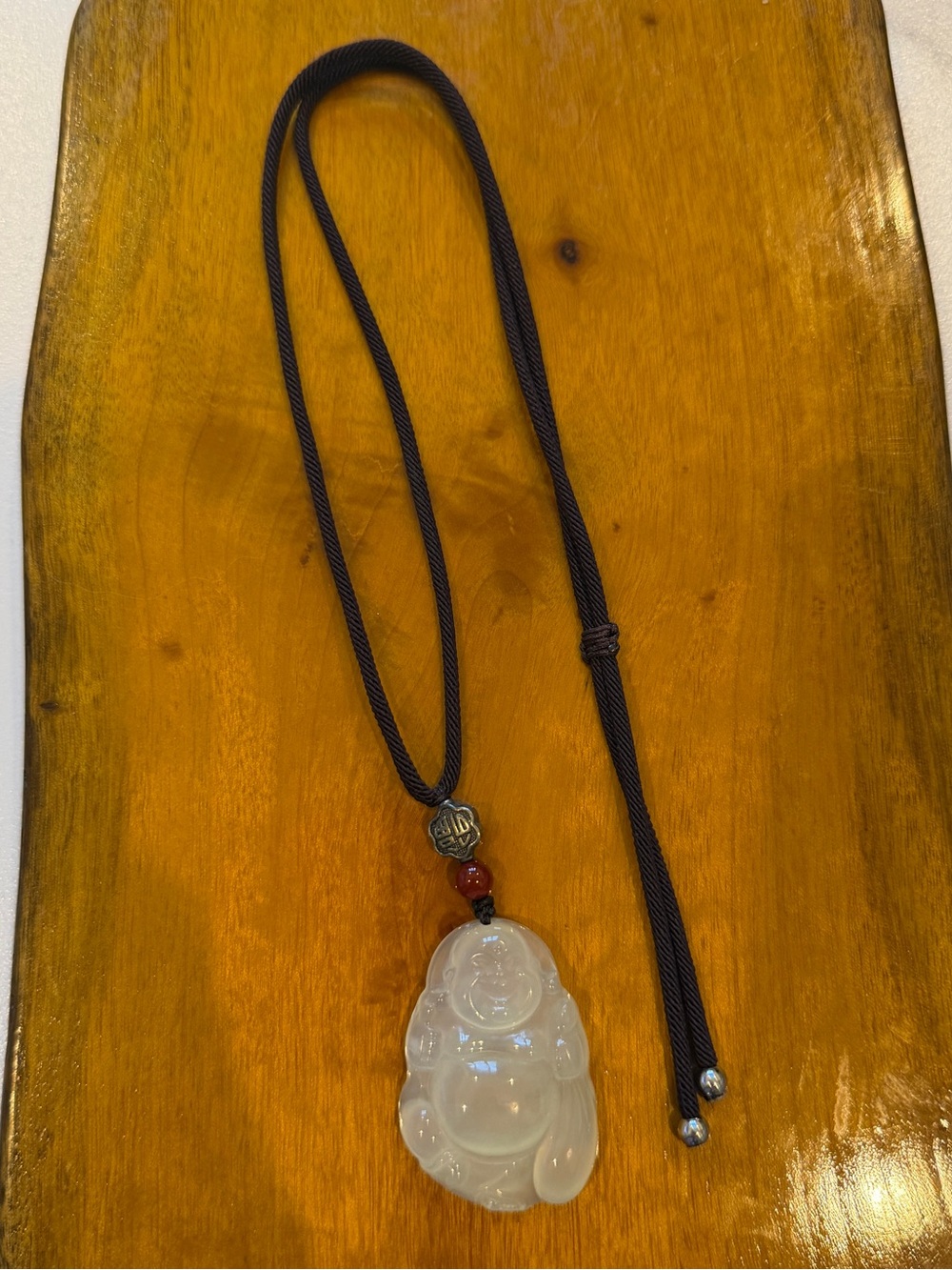 Carved White Jade Buddha Pendant Necklace with Black Cord
